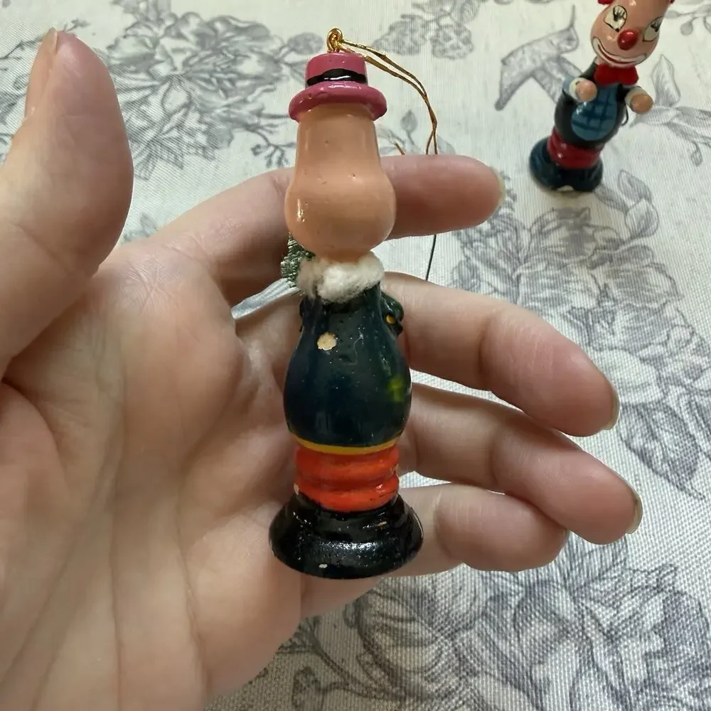 Vintage Clown Christmas Ornaments Retro Kitschy 60s 70s Hand Painted Wooden